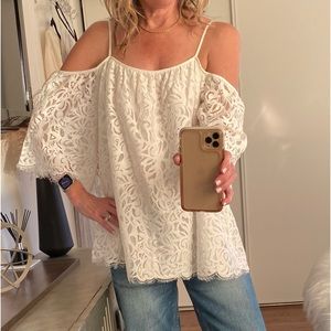 Vince Camuto, white lace cold shoulder shirt. Size Medium